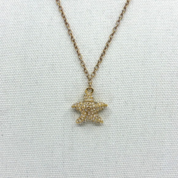J. Crew Necklace Starfish Rhinestones Gold Tone Estate Costume Beach Ocean - Picture 3 of 10